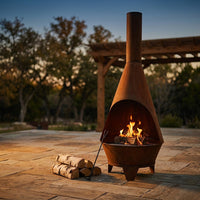 Large Chiminea Outdoor Fireplace with Grill Grate, Rustic, 75" | Easy Assembly, Durable Steel Metal Chiminea Fire Pit, Wood Burning, outside Chimney Firepit for Patio, Deck, or Backyard — Studio Shot