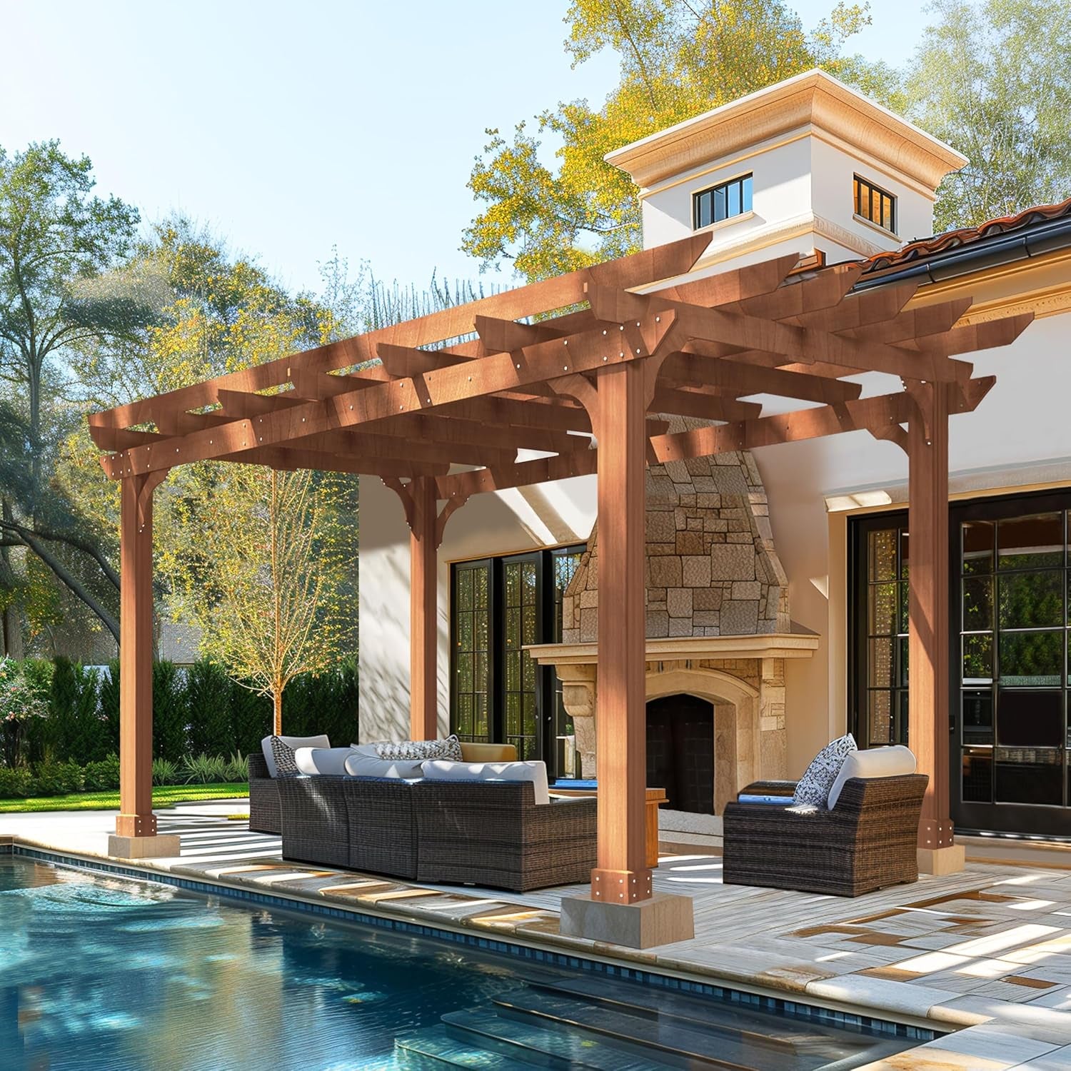 10' X 12' Patio Pergola, Cedar Wood Pergolas with Solid Structure, Pergola Kits, Outdoor Pergolas and Gazebos with Slatted Trellis Roof for Deck Backyard Grill Party Garden