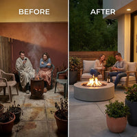 Brookhurst 43 In. W X 13 In. H round Outdoor GFRC Liquid Propane Fire Pit Table in Flint with Lava Rocks — Before & After