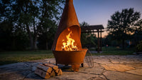 Large Chiminea Outdoor Fireplace with Grill Grate, Rustic, 75" | Easy Assembly, Durable Steel Metal Chiminea Fire Pit, Wood Burning, outside Chimney Firepit for Patio, Deck, or Backyard — Lifestyle