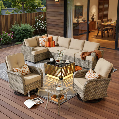 9 Pieces Patio Furniture Set outside Furniture Wicker Patio Conversation Set with Swivel Chairs, Outdoor Furniture for Garden, Beige