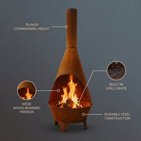 Large Chiminea Outdoor Fireplace with Grill Grate, Rustic, 75" | Easy Assembly, Durable Steel Metal Chiminea Fire Pit, Wood Burning, outside Chimney Firepit for Patio, Deck, or Backyard — infographic