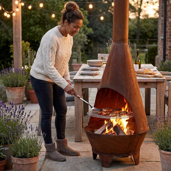 Chiminea Outdoor Fireplace Built for Backyard Gatherings, 75" Height, Steel Construction, Grill Grate