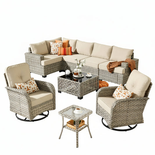 9 Pieces Patio Furniture Set outside Furniture Wicker Patio Conversation Set with Swivel Chairs, Outdoor Furniture for Garden, Beige