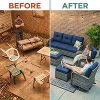 Patio Furniture Set 6-Piece Outdoor Patio Conversation Set with Blue Cushions Lawn Furniture — Before & After