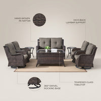 8 Pieces Patio Furniture Sets with Swivel Rocking Chairs,High-Back Rattan Patio Outdoor Conversation Set with 2-Seat Sofa & Coffee Table for Porch Deck Backyard Poolside — infographic