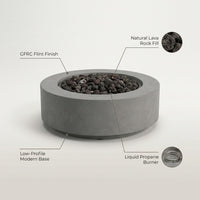 Brookhurst 43 In. W X 13 In. H round Outdoor GFRC Liquid Propane Fire Pit Table in Flint with Lava Rocks — infographic