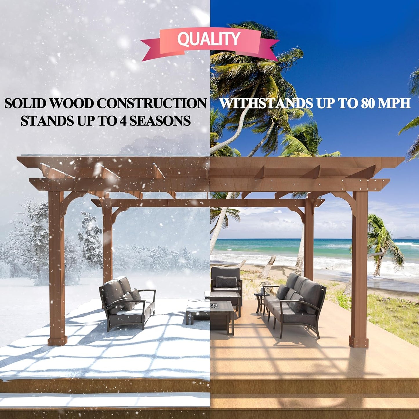 10' X 12' Patio Pergola, Cedar Wood Pergolas with Solid Structure, Pergola Kits, Outdoor Pergolas and Gazebos with Slatted Trellis Roof for Deck Backyard Grill Party Garden