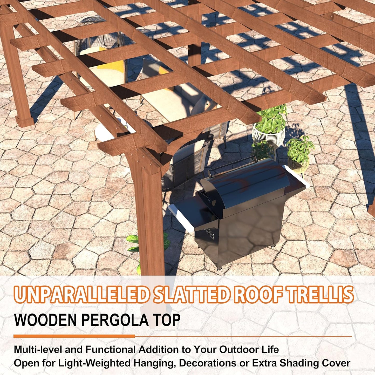 10' X 12' Patio Pergola, Cedar Wood Pergolas with Solid Structure, Pergola Kits, Outdoor Pergolas and Gazebos with Slatted Trellis Roof for Deck Backyard Grill Party Garden