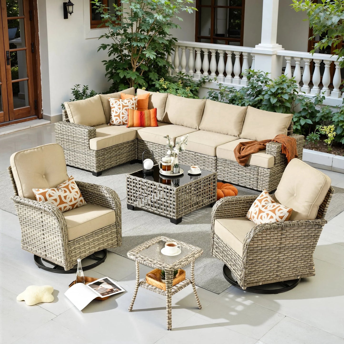 9 Pieces Patio Furniture Set outside Furniture Wicker Patio Conversation Set with Swivel Chairs, Outdoor Furniture for Garden, Beige